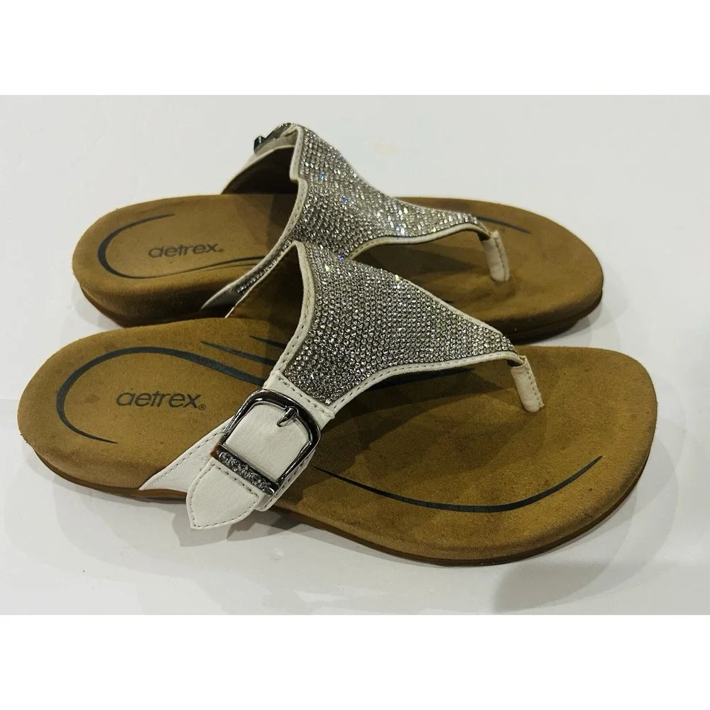 Aetrex Sandals Shoes Women Size 7 Silver Thong Wedge Rhinestone Comfort Orthotic